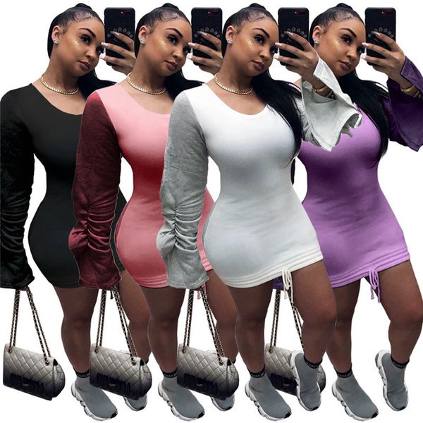 

neck long drawstring womens bodycon dresses fashion panelled color puff sleeve mini dress casual crew, Black;gray