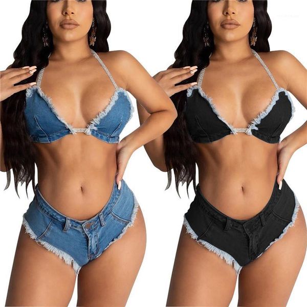 

women's swimwear women creative tassels edge hanging neck denim bikini suit ladies summer split set backless swimsuit bathing, White;black