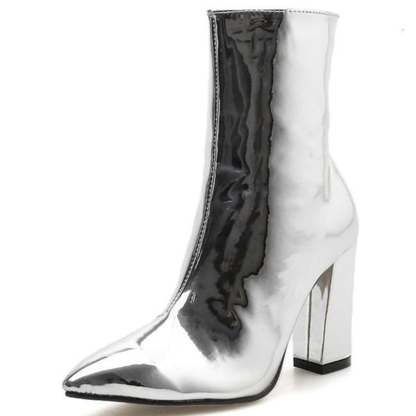 

boots dropship brand women shoes pointed toe sliver gold square thick heels zipper ankle female 8fck, Black