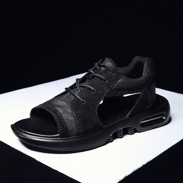 

fires men summer shoes trend sandals fashion male sandalias beach shoes soft bottom breathable loafers mans lace up mesh flats e7yl#, Black