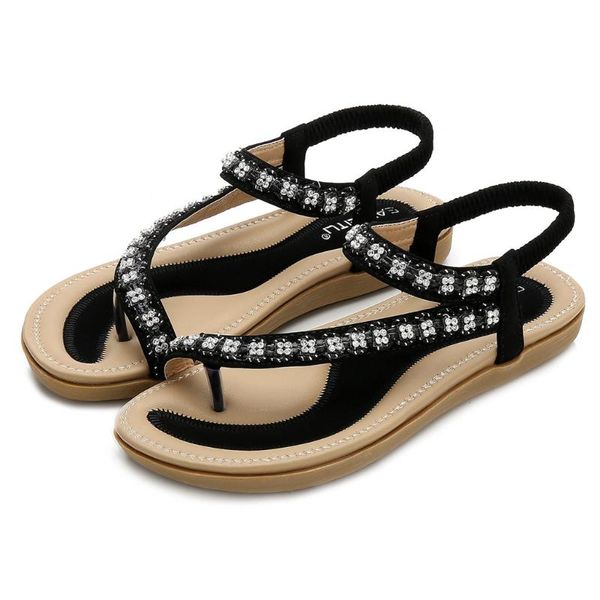 

arrival 2021 women bohe rhinestone fashion flat sandals shoes woman summer flip flops ladies sandalias mujer, Black