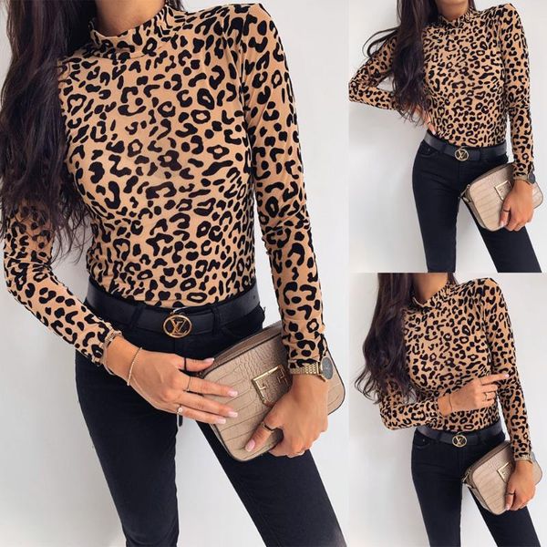 

women's t-shirt autumn winter women turtleneck long sleeve leopard print skinny stretch slim basic shirts, White