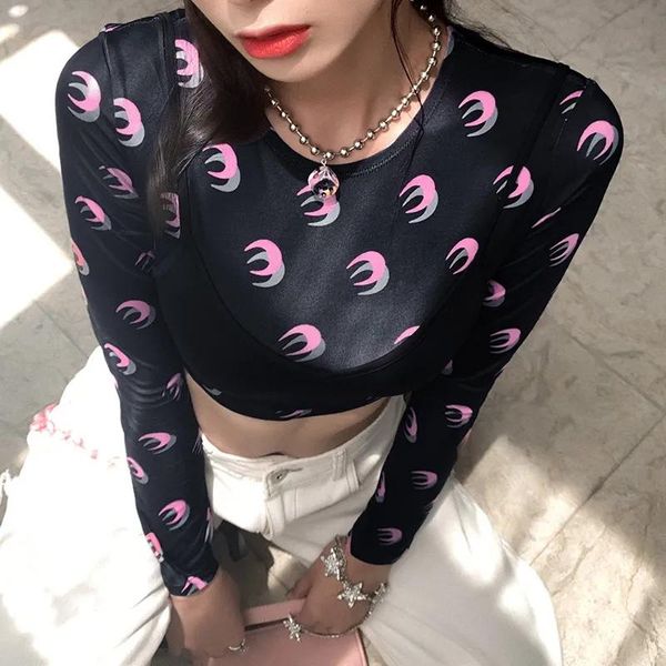 

women's t-shirt vazn european and american wind crescent print bottom shirt long sleeves slim short halter vest two sets of women, White