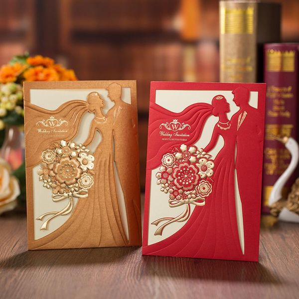 

greeting cards 50pcs wedding invitations card with bride and groom red gold elegant envelopes for party decorations