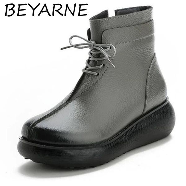 

sandals beyarne winter warm flat platform boots women shoes genuine cow leather 2021 handmade vintage mid heel 5cm lace up ankle, Black