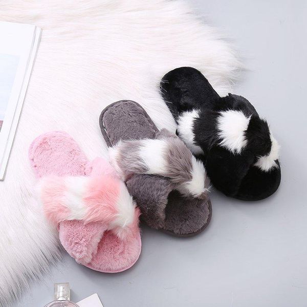 

slippers women fashion winter fur indoor flat warm furry outside girls plush sandals slides flip flops big size41, Black