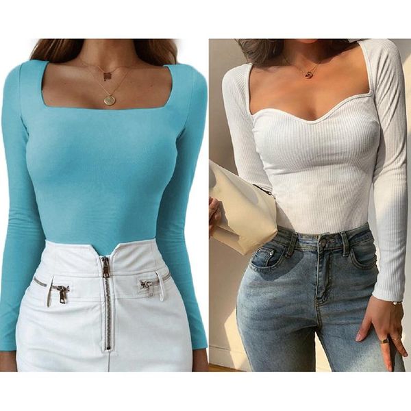

women's t-shirt slim square collar long sleeve light blue  & chest white