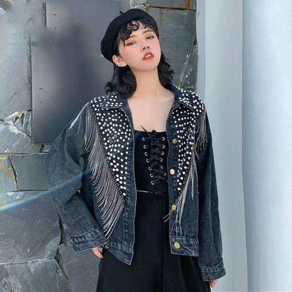 

women's jackets 2021 autumn denim jacket coat women rivet tassel chain short coats woman loose streetwear long sleeve black outerwear, Black;brown