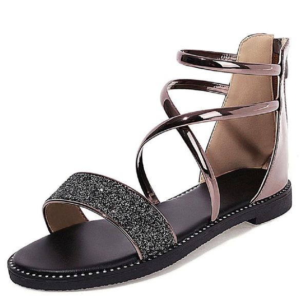 

women's sandals 2021 fashion summer beach shoes cross straps flats flip flops ladies gold silver gladiator girls, Black