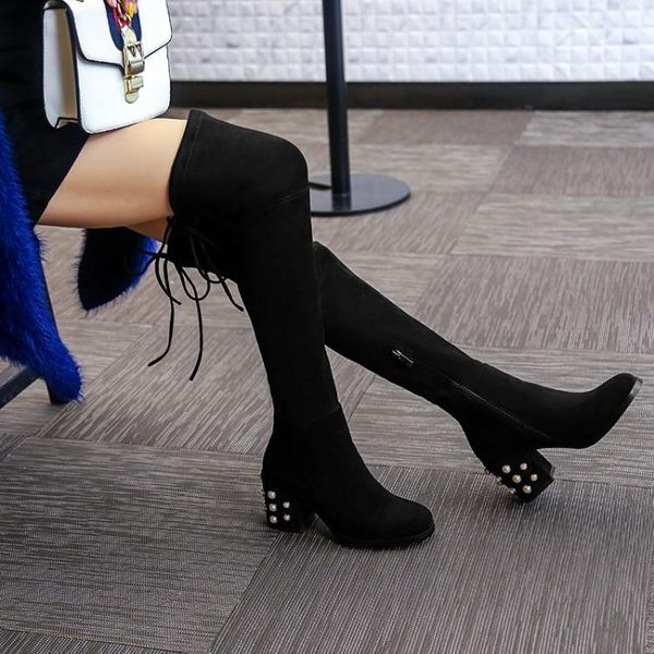 

boots plus size 10 round-headed suede pure-color pearl thick-heeled zipper, Black