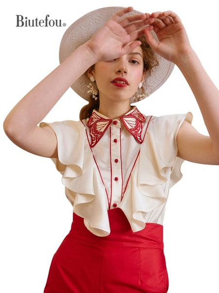 

women's blouses & shirts [biutefou] original design 2021 summer women butterfly embroidery ruffle sleeveless shirt, White