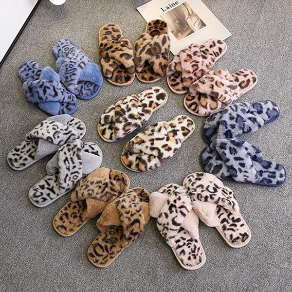 

winter women house slippers faux fur fashion leopard warm shoes slip on flats female slides cozy home furry, Black