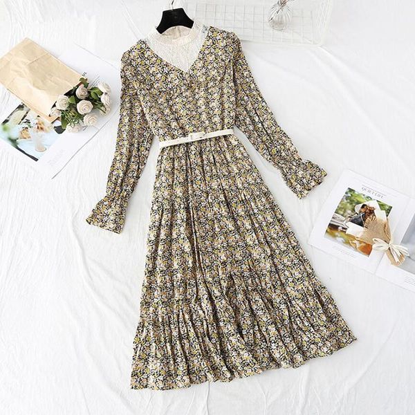 

casual dresses women floral chiffon dress 2021 spring vintage belt flare sleeve lace collar print pleated long office, Black;gray