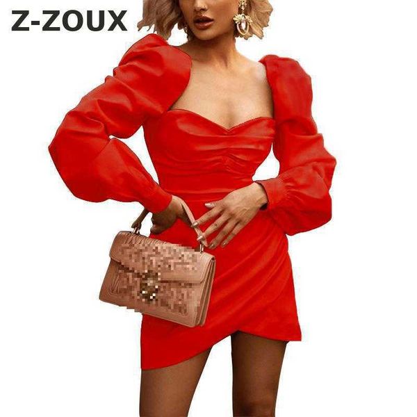 

women dress square collar puff sleeves mini es pleated long sleeve high waist wrap red black es 210524, Black;gray