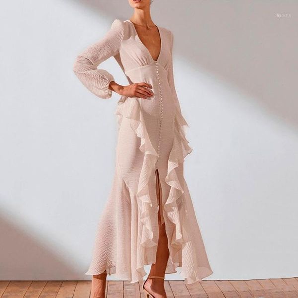 

the wind in spring of 2021 fashion long-sleeved v-neck lantern loose pure color long dress 27920 casual dresses, Black;gray