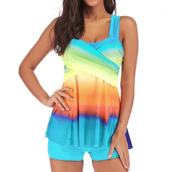 

women's swimwear women gradient print tankini tummy control tank retro solid swimsuit with shorts two piece bathing suit#f3, White;black