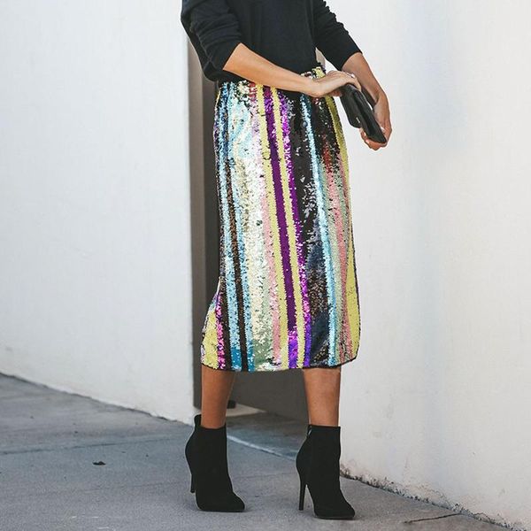 

1women colorful sequined skirts for women high waisted bodycon sequin pencil skirt ladies chic slim club party midi, Black