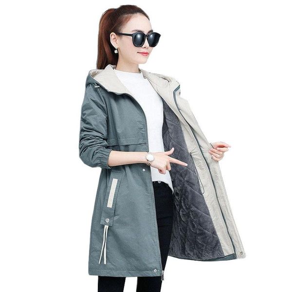 

women's trench coats women autumn winter hooded pocket zipper mid-length outwear plus velvet windbreaker female slim coat, Tan;black