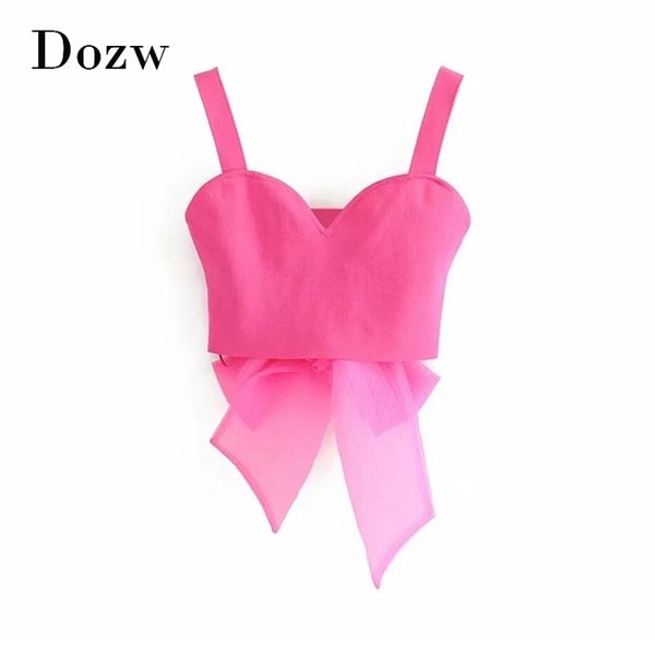 

organza bow patchwork knitted camisoles for women sweet v neck strap crop solid backless ladies chic tunic 210515, White