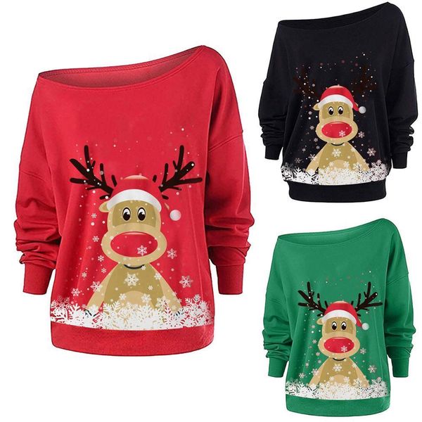 

christmas diagonal collar elk print womens sweaters long sleeve fashion loose clothes pullover, White;black