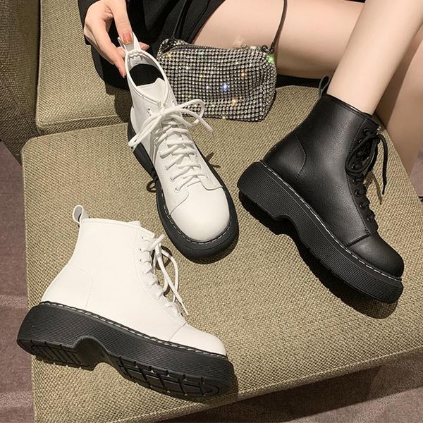 

boots elegant woman autumn shoes luxury designer lace up round toe boots-women flat heel rock fashion low rubber 2021 lolita lad, Black