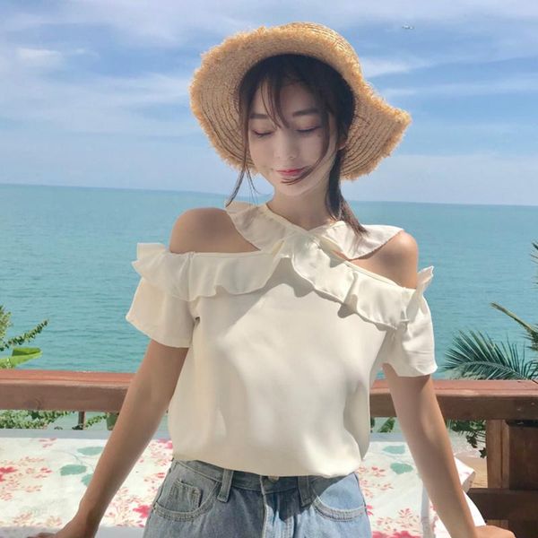 

women's blouses & shirts korean sweet off shoulder ruffle summer chiffon blouse short sleeve pink white girls womens clothing shir