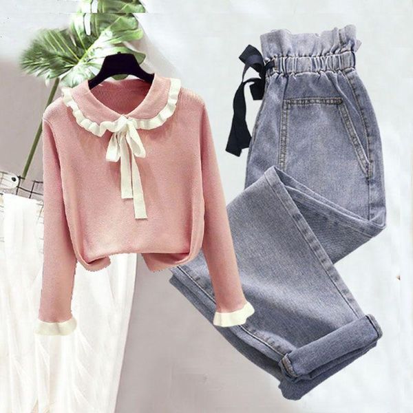 

Women's Two Piece Pants Women 2021 Autumn Fashion Two-piece Sets Female Bow Long Sleeve Sweater Tops Ladies Elastic Waist Loose Harem Jeans, White