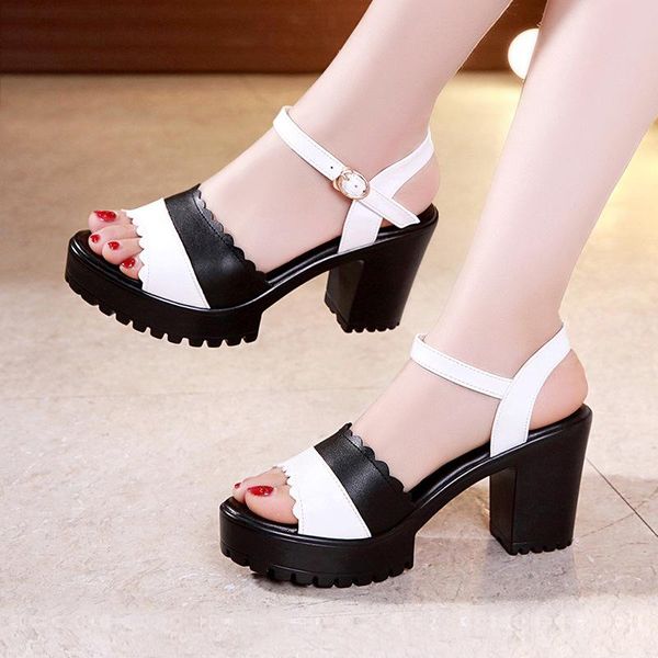 

plus size 32-43 block heel mix color platform sandals women office shoes summer 2021 high heels ladies sandal, Black
