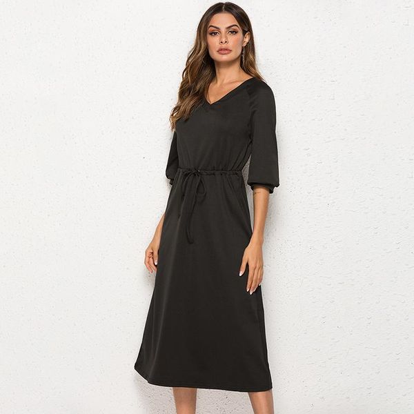 

casual dresses women solid color v neck lantern sleeve three quarter a line loose female drawstring summer dress, Black;gray