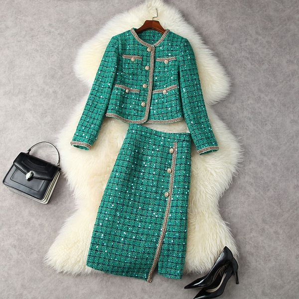 

2021 fall autumn long sleeve round neck green plaid tweed sequins single-breasted coat + high waist mid-calf pencil skirt two piece suits 2, White