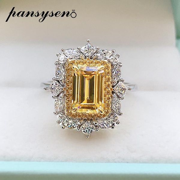 

cluster rings pansysen 100% 925 sterling silver emerald cut citrine created moissanite gemstone for women wedding bands engagement ring, Golden;silver
