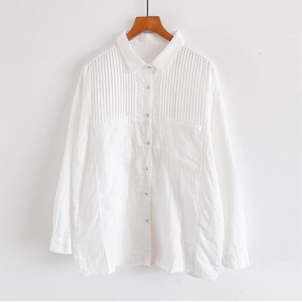

women's blouses & shirts 2021 autumn women blouse japan style mori girl organ pleats lose double cotton yarn turndown collar long sleev, White