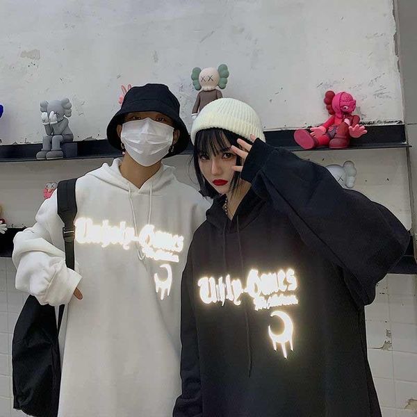 

man streetwear oversized hooded moon women t shirts graphic letter reflective sweatshirt pullover hoodies harajuku punk hip hop k, White