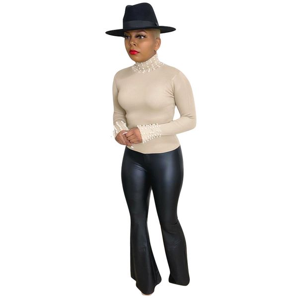 

autumn est women fashion street style lady high neck beading long sleeve ny tees for party with real pictures, White