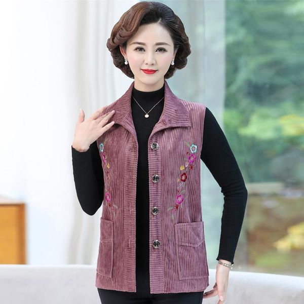 

women's vests middle-aged mothers corduroy waistcoat spring autumn plus size embroidery sleeveless outwear jacket female short vest coa, Black;white