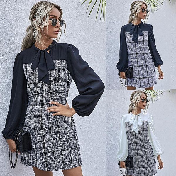 

autumn office lady women bow necklong sleeve plaid shirt dress patchwork mini business elegant party dresses casual, Black;gray