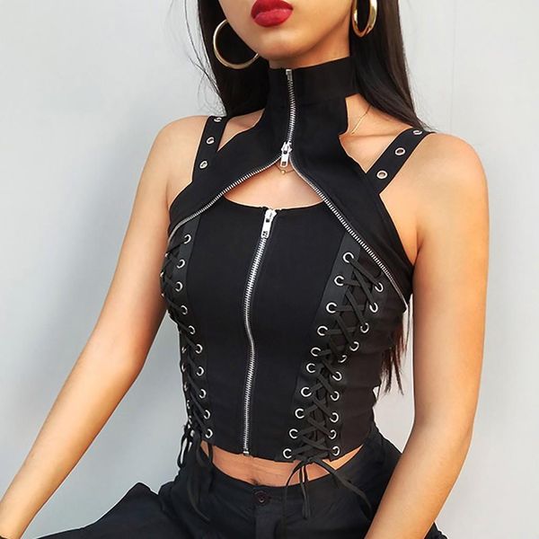 

zip solid womens tanks up women sleeveless short gothic tank haut femme turtleneck sweater black casaul shirt roupas, White
