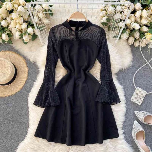 

spring fashion temperament vestidos female stand-up collar see-through lace flared sleeves waist slim mini dress gk002 210507, Black;gray