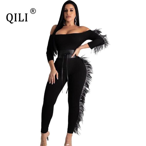 

gym clothing qili women off the shoulder jumpsuit feathers rompers womens 1/2 sleeve bodycon jumpsut overall, White;black