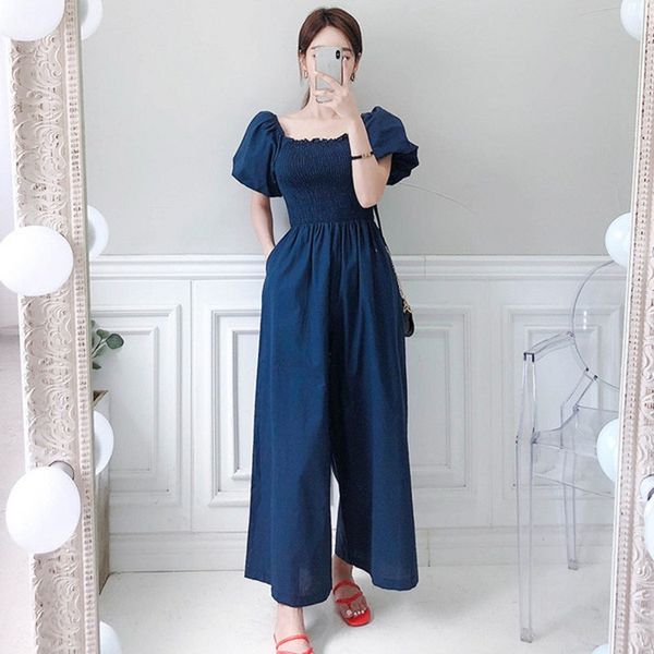 Elegant Women Festa Romper Jumpsuits Runway Desenhista Summer Spruff Sleeve Azul Feminino Trabalho Elástico Busto Quadrado Collar Jumpsuits 210514