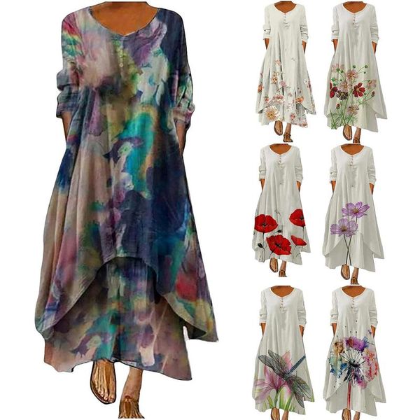 

ethnic clothing dress summer women's casual floral print 2021 boho retro style printed long sleeved loose hem irregular, Red