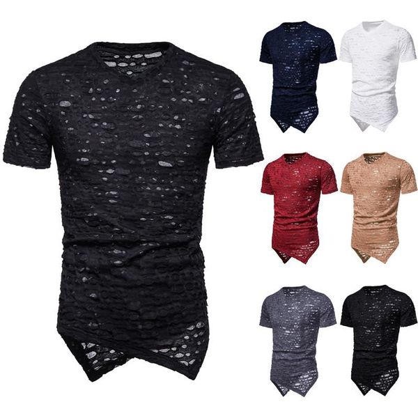 

men's t-shirts 2021 summer fashion casual solid color v-neck slim shape hole hip-hop short sleeve t-shirt, White;black