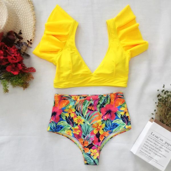 

one-piece suits floral retro high waist bikini 2021 ruffled vest deep v swimsuit