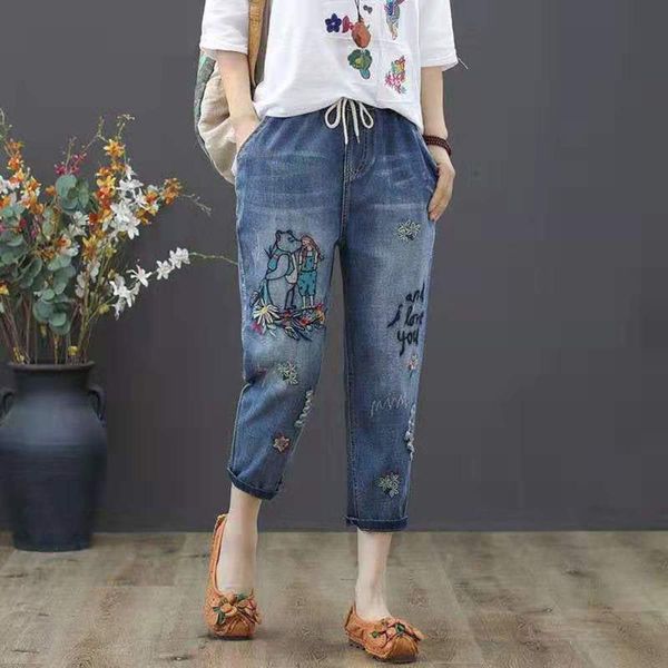 

elastic waist large embroidered autumn nine point pants hole women, Blue