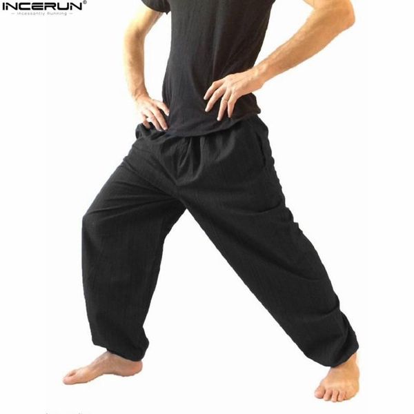 

men's pants incerun 5xl cotton men wide leg loose long trousers hip hop joggers harem elastic waist baggy swag plus size, Black