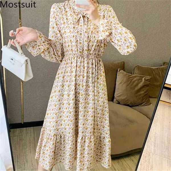 

elegant korean printed women long dress flare sleeve bow collar elastic waist a-line dresses fashion ladies spring vestidos 210513, Black;gray