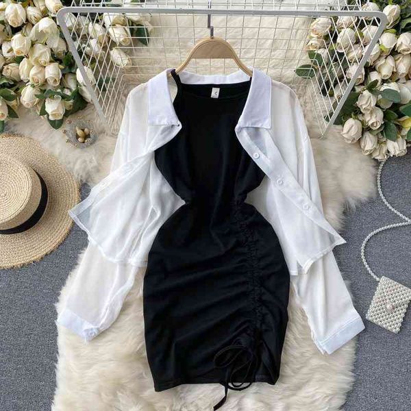 

white cardigan casual shirt strap fold drawstring bag hip skirt two-piece suit 210421