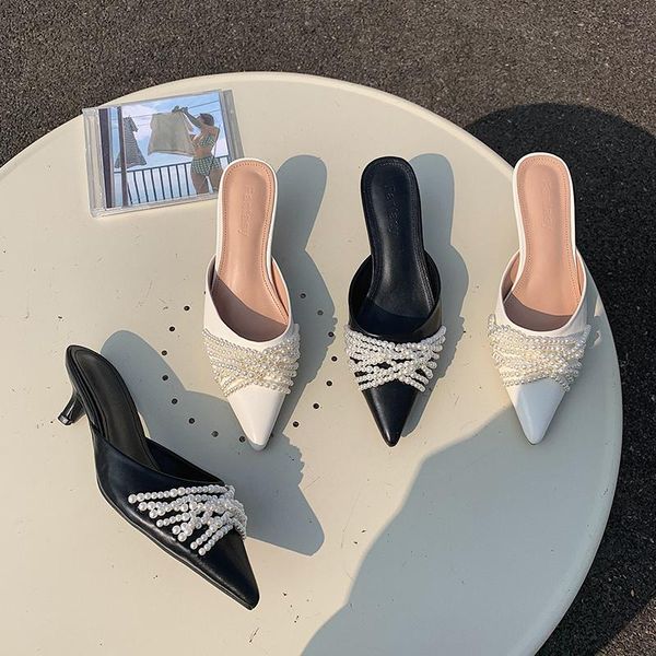 

slippers fashion women pointed toe shallow thin low heels string band slip on black/white summer flip flops