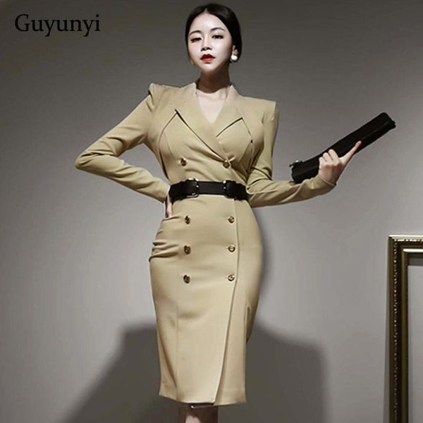 

casual dresses career office lady dress 2021 autumn plain high waist tight ol double breasted plus belt elegant party women, Black;gray