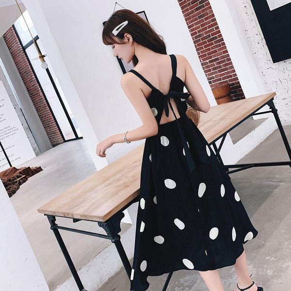 

dresses women office midi vintage fashion cute elegant strap polka dot dress ol spring summer female clothing kawaii party casual, Black;gray
